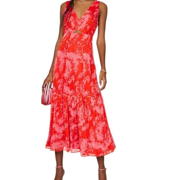 Thakoon Collective Sleeveless Double V Neck Cocktail Midi Dress Red Size 4 NWT - Picture 1 of 16
